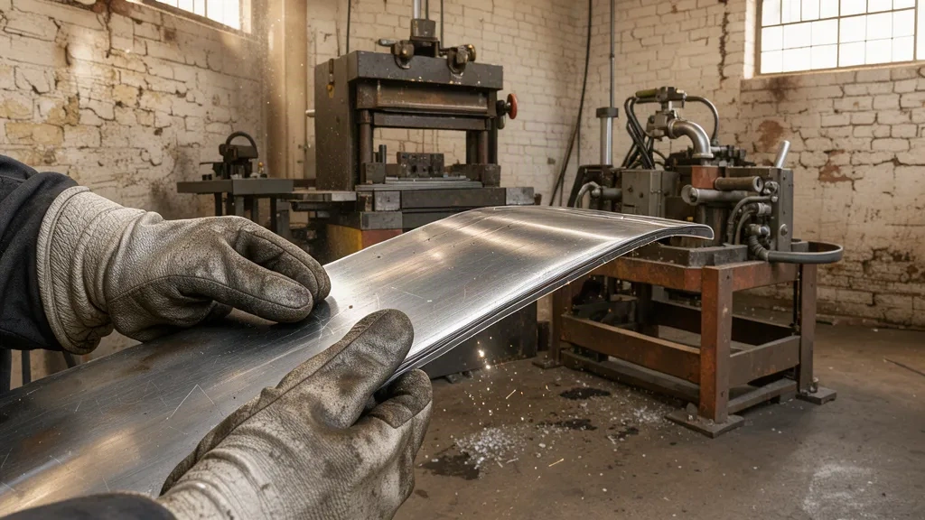 Cintrage de tôle inox à l'atelier FUMEECO, mains au travail sur une pièce de conduit