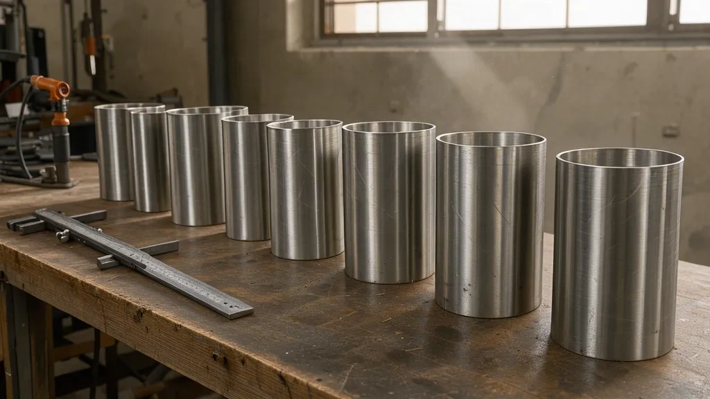 Sections de conduits en inox alignées sur un établi de l'atelier FUMEECO