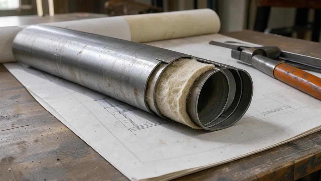 Coupe technique d'un conduit triple paroi présentée sur un plan de calepinage
